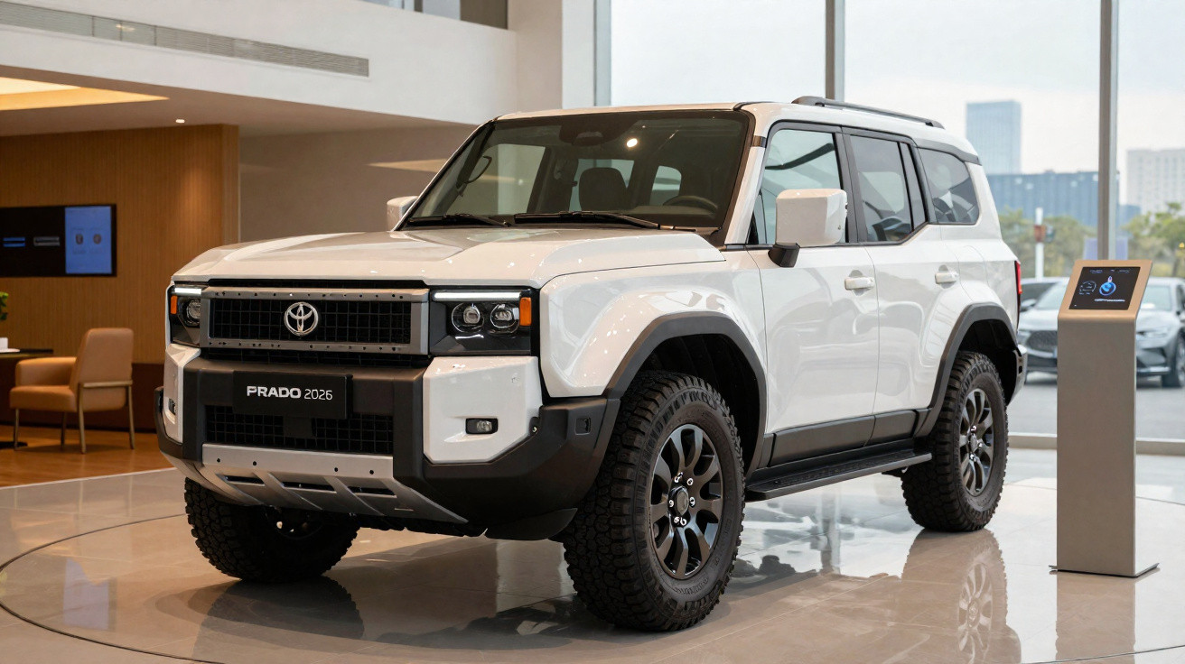 SUV Toyota Prado 2026 branco exibido em showroom moderno com grandes janelas de vidro.
