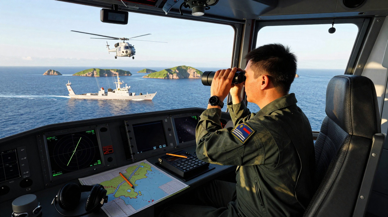 Homem com uniforme observa navio e helicóptero no mar através de binóculos na ponte de comando de um navio.