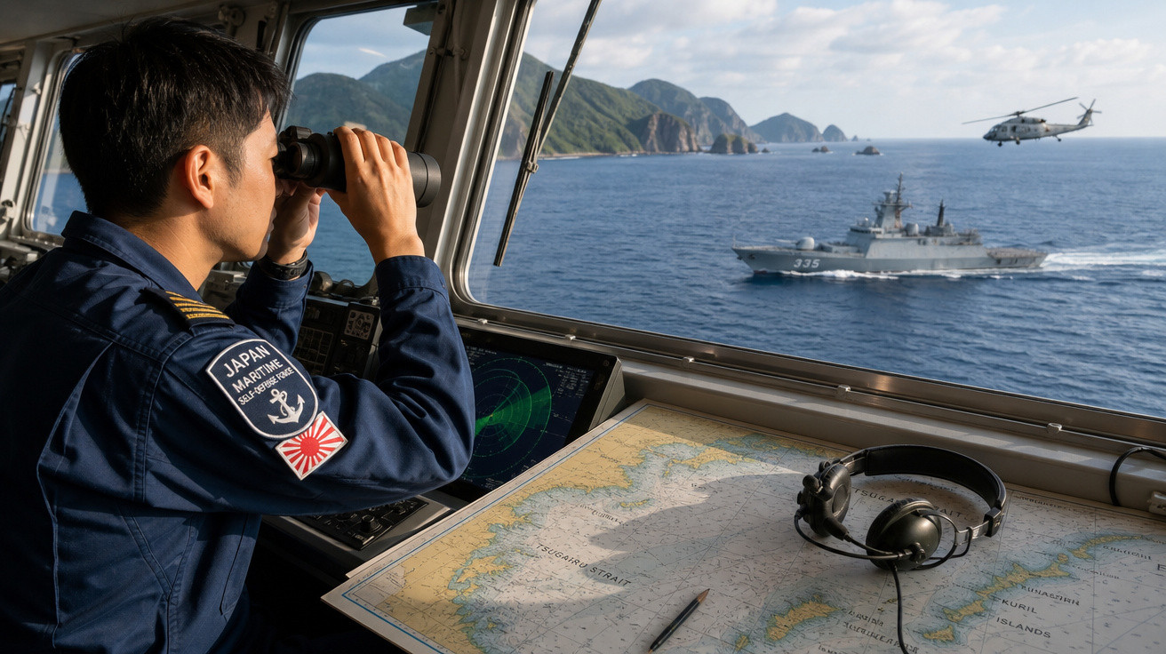 Homem em uniforme naval usa binóculos num posto de observação com vista para navio militar, helicóptero e ilhas ao longe.