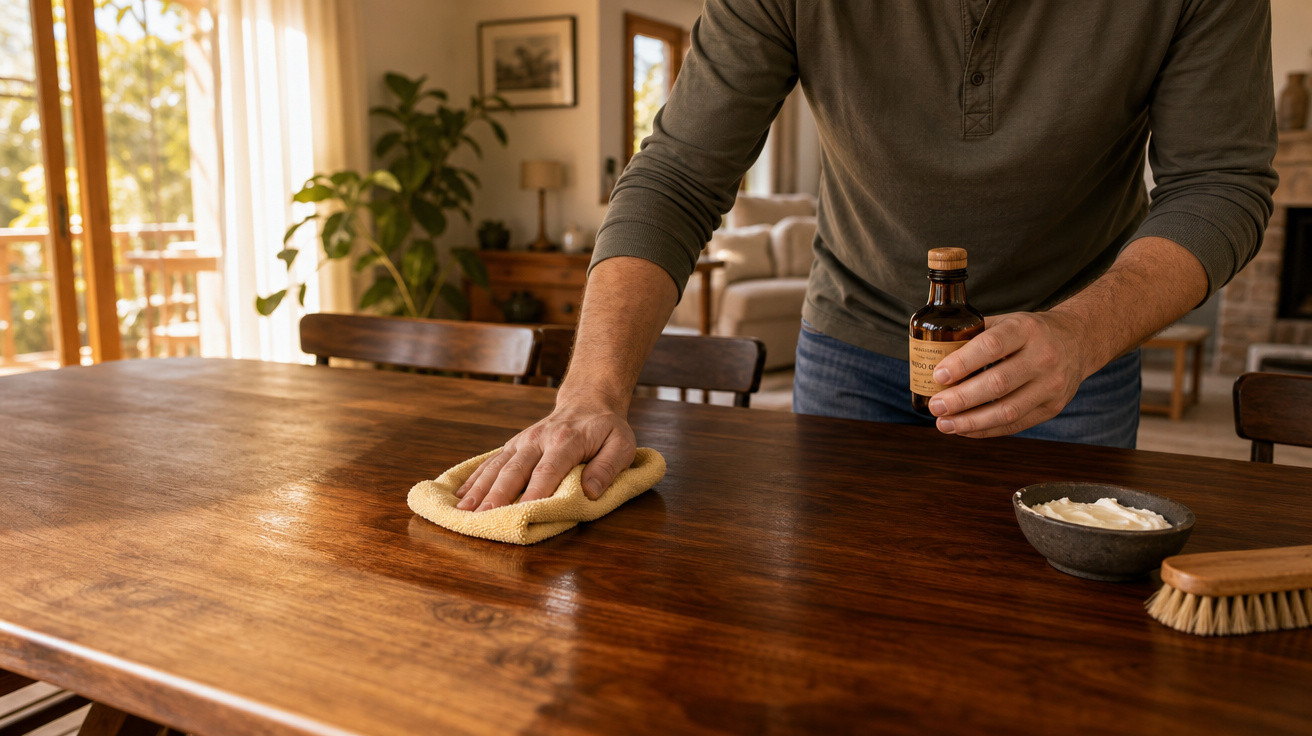 Pessoa a limpar uma mesa de madeira com pano amarelo e óleo de limpeza num ambiente acolhedor.