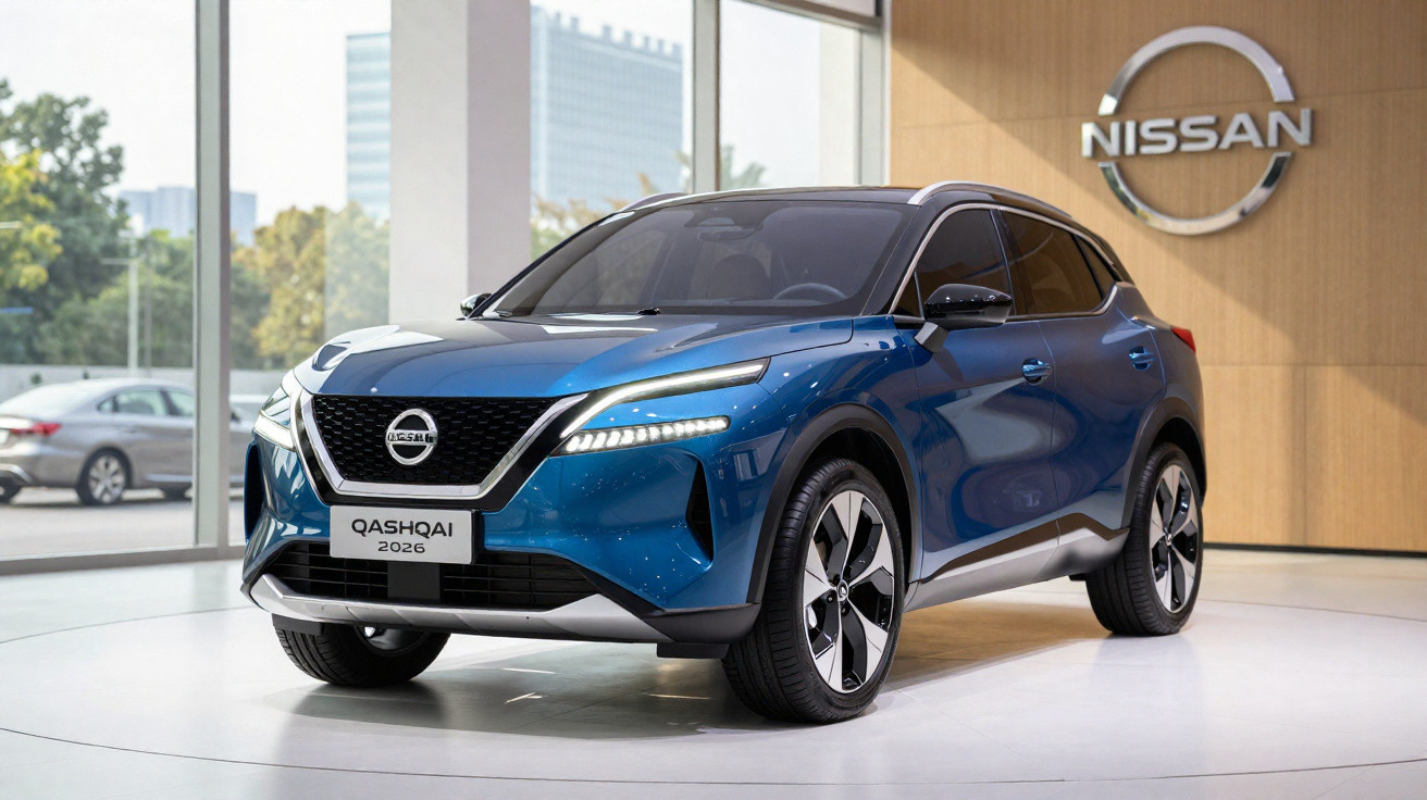 Carro SUV Nissan Qashqai 2026 azul exibido em showroom moderno com logótipo Nissan na parede.