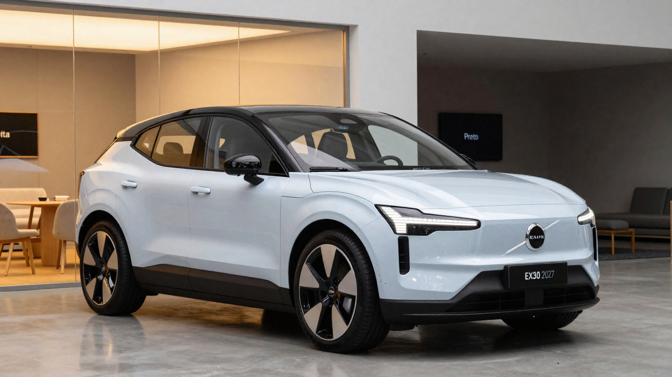 Carro elétrico Volvo EX30 branco estacionado em interior moderno com vidro e mobiliário contemporâneo.