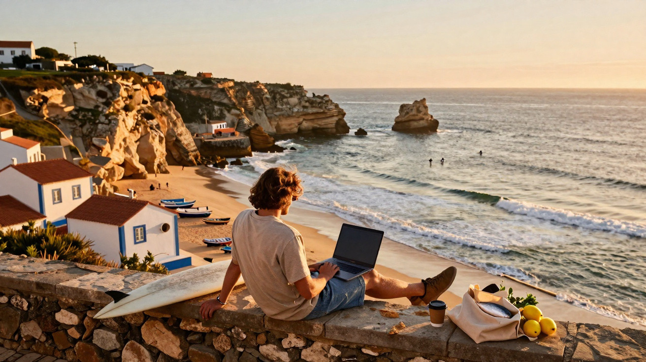 Homem sentado numa mureta junto à praia com computador portátil, prancha de surf e saco, ao pôr do sol.