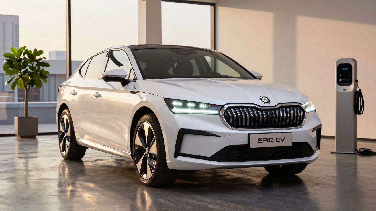 Carro elétrico branco Škoda Epiq EV estacionado em interior moderno junto a posto de carregamento.