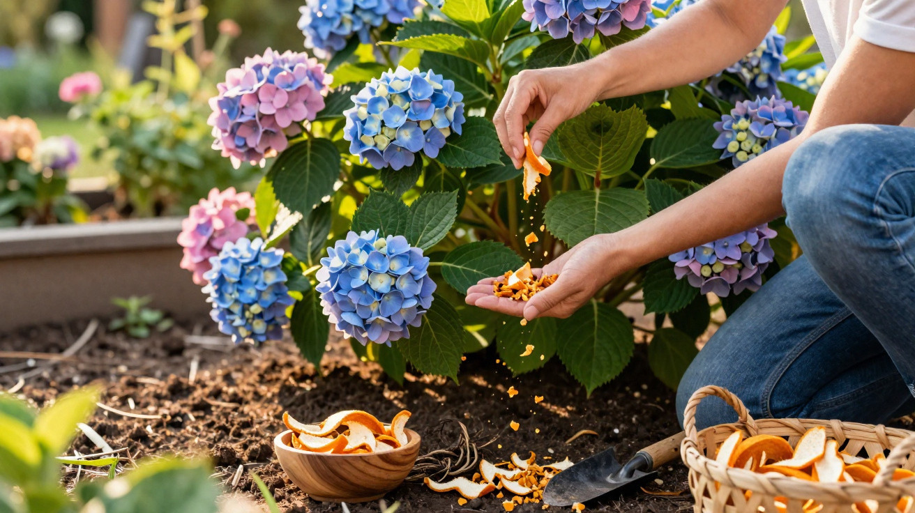 Pessoa a fertilizar plantas de hortênsia com cascas de laranja num jardim ensolarado.