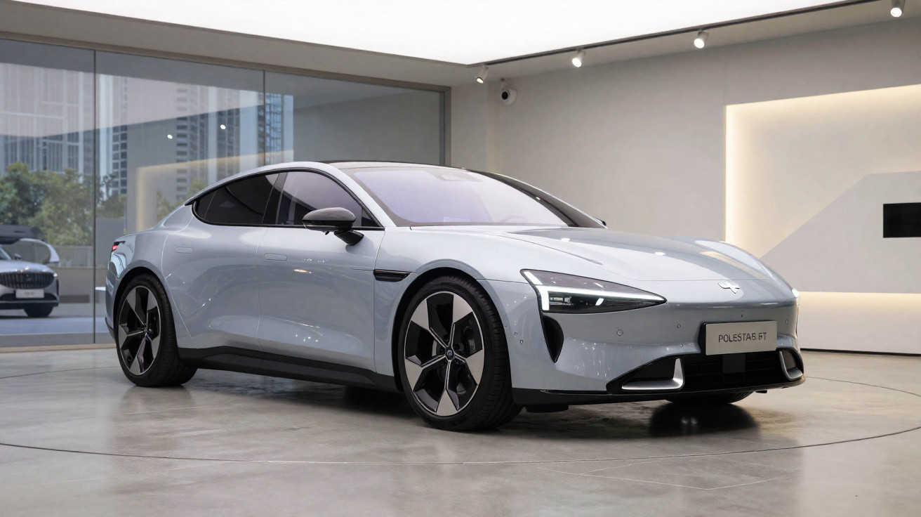Carro elétrico Polestar 5 cinza estacionado em exposição moderna e luminosa.