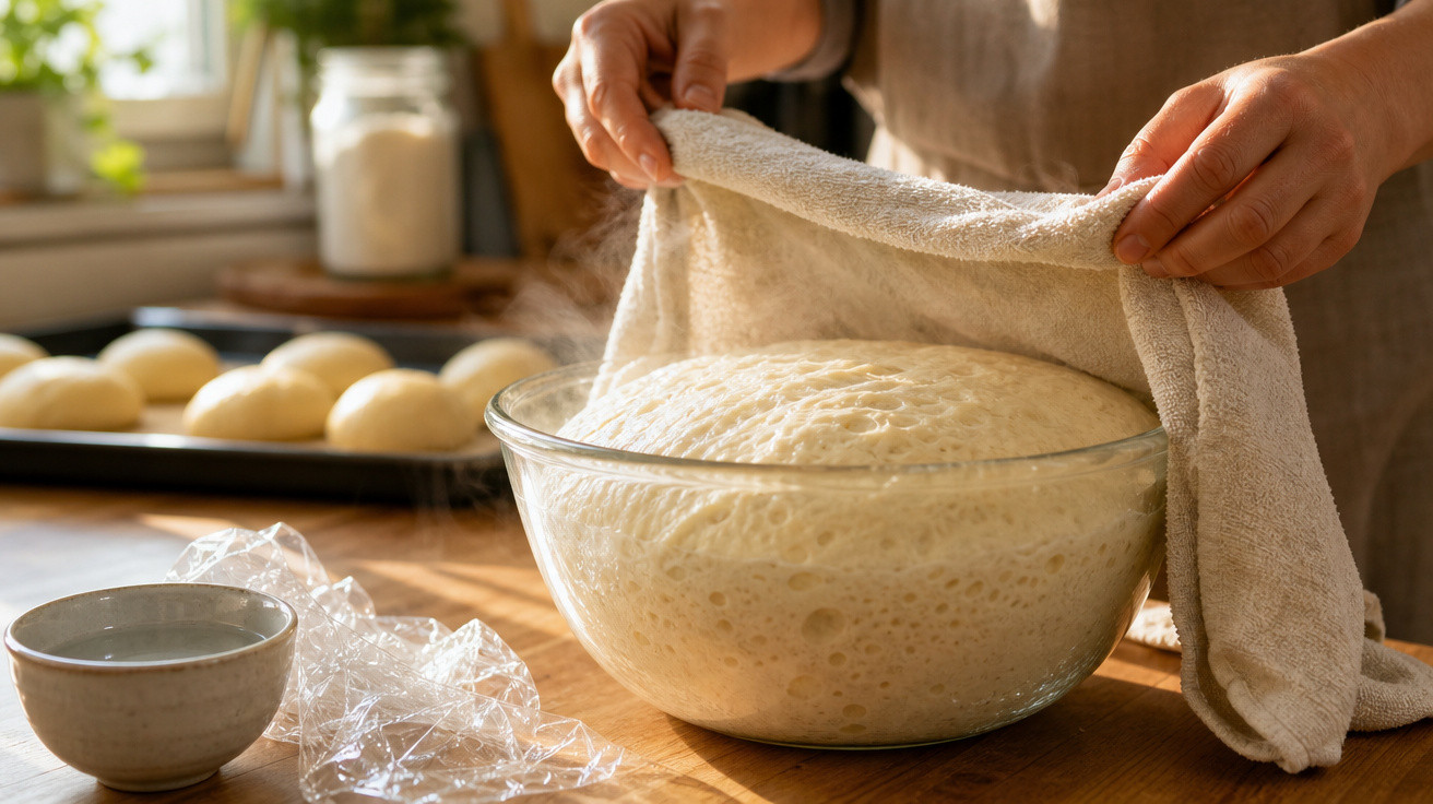 Pessoa a descobrir massa de pão em vidro numa bancada de cozinha iluminada a luz natural.
