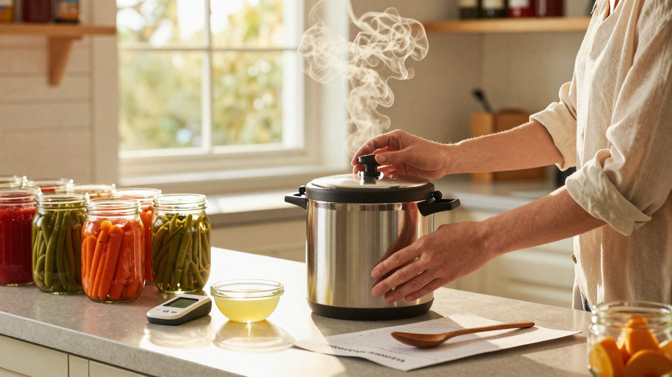 Pessoa a fechar panela de pressão na cozinha com potes de legumes e utensílios na bancada iluminada.