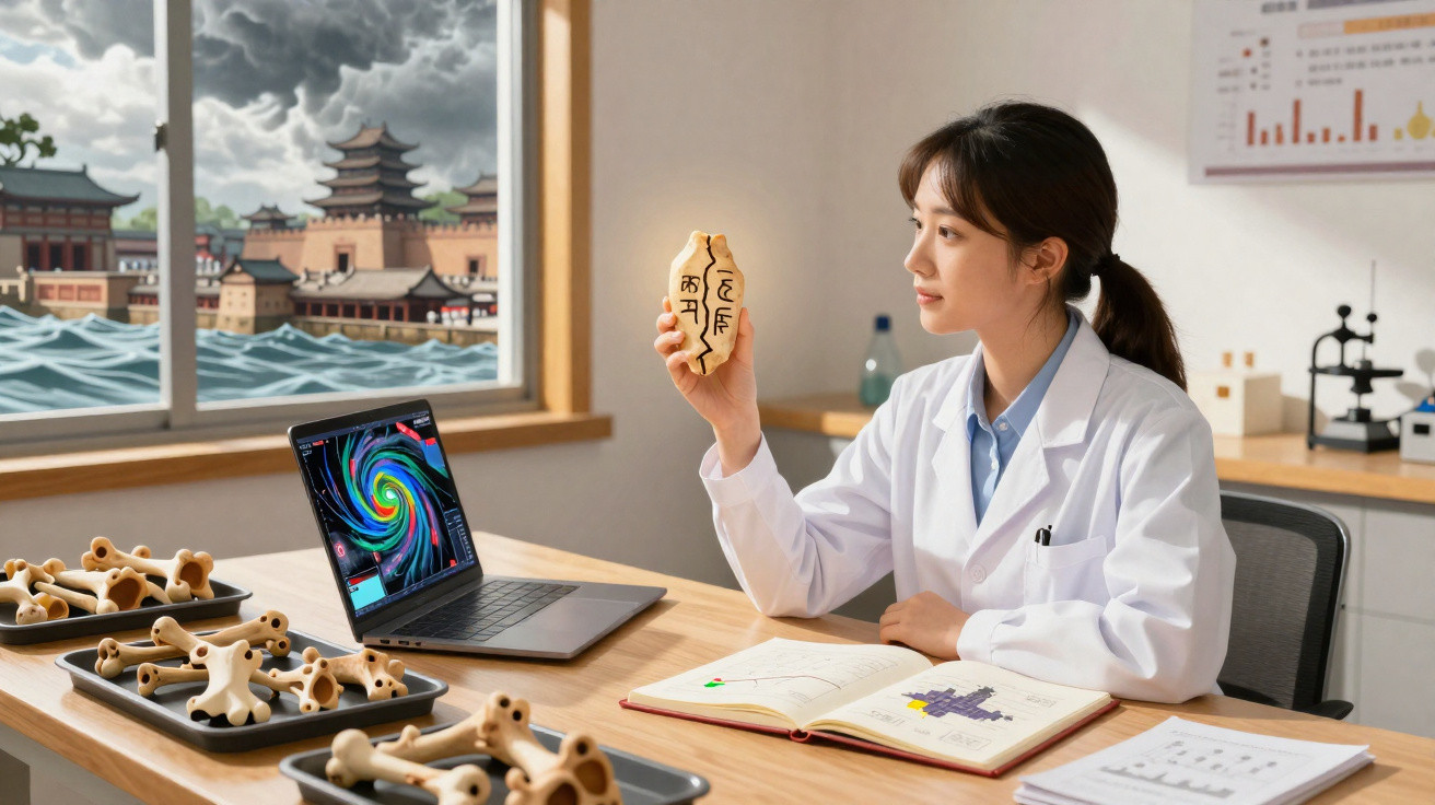 Cientista num laboratório a estudar um modelo ósseo com laptop aberto e arte tradicional visível pela janela.