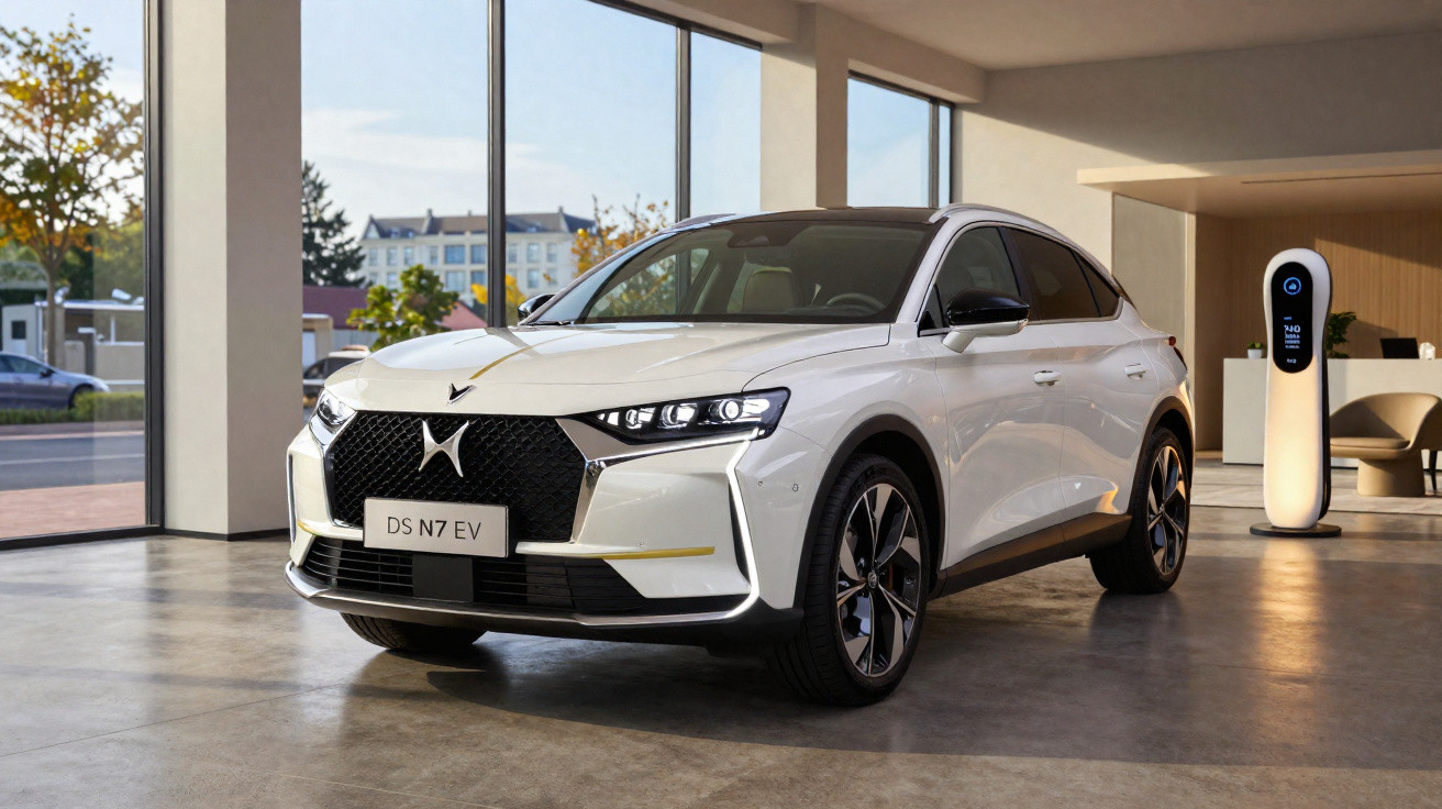 Carro elétrico DS N7 EV branco estacionado em showroom moderno com carregador elétrico ao fundo.