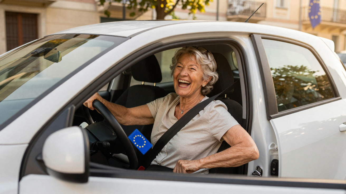 Idosa sorridente sentada ao volante de carro branco estacionado numa rua urbana.