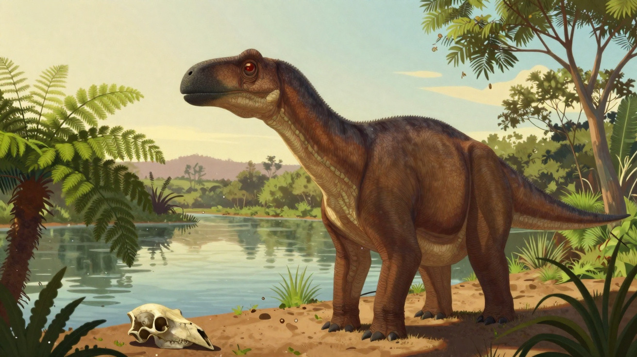 Dinossauro herbívoro junto a lago rodeado por vegetação densa ao pôr do sol.