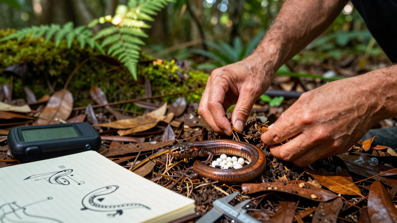 Mãos de cientista a estudar salamandra com ovos na floresta, caderno com desenhos e equipamento de medição.