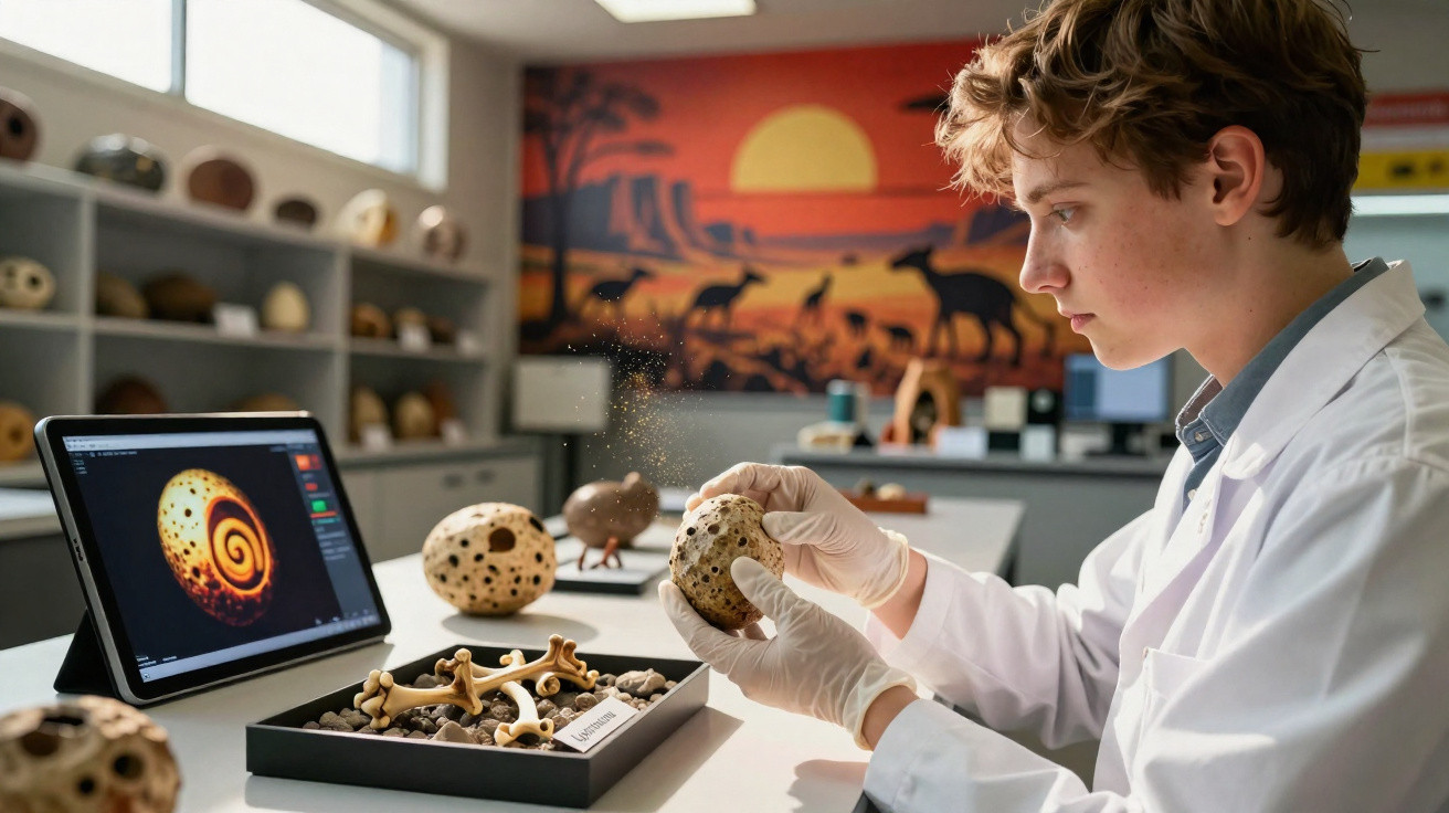Jovem cientista em laboratório analisa fóssil com luvas e tablet ao lado mostrando imagem ampliada.