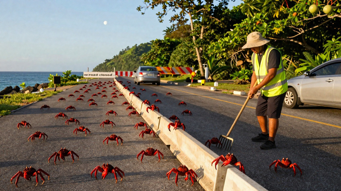 Homem com colete refletor a afastar caranguejos vermelhos que atravessam uma estrada costeira fechada ao trânsito.