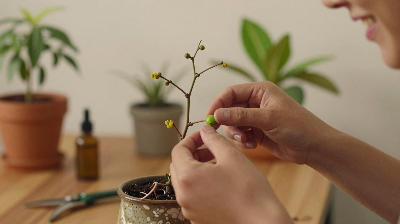 Pessoa a cuidar de planta em vaso, retirando fruto verde, com outras plantas e acessórios desfocados ao fundo.