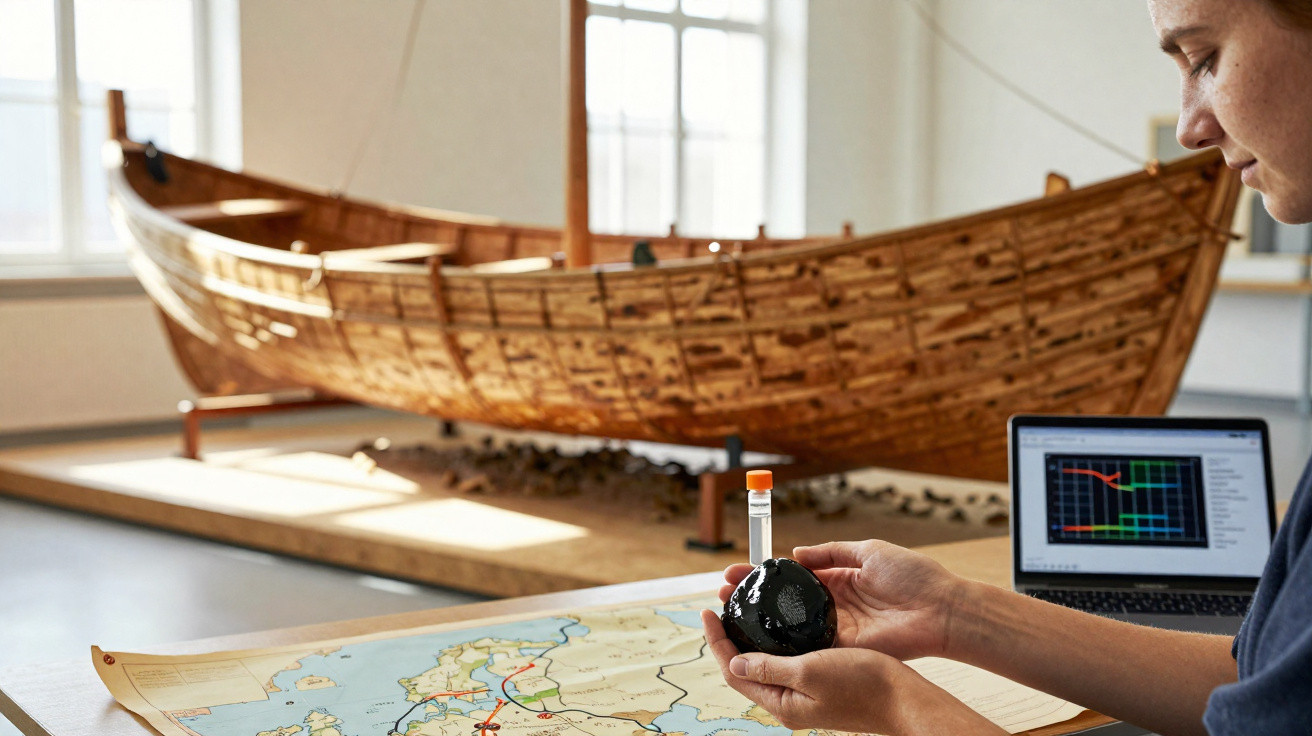 Pessoa a observar objeto arqueológico na mão com barco antigo e mapa em exposição de museu ao fundo.