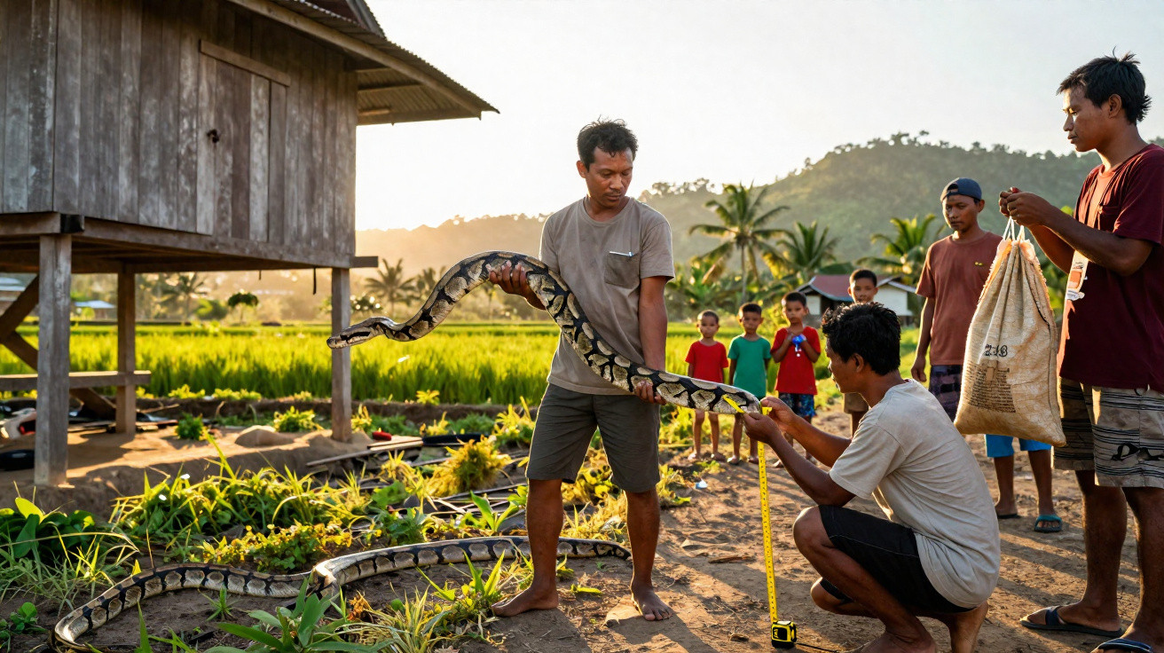 Homens manipulam uma grande cobra numa área rural com crianças a observar ao fundo.