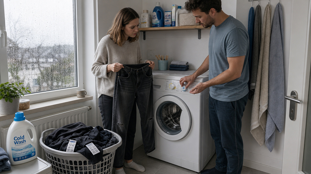 Casal a preparar roupa para lavar numa lavandaria doméstica num dia de chuva, com máquina de lavar e cesto de roupa.