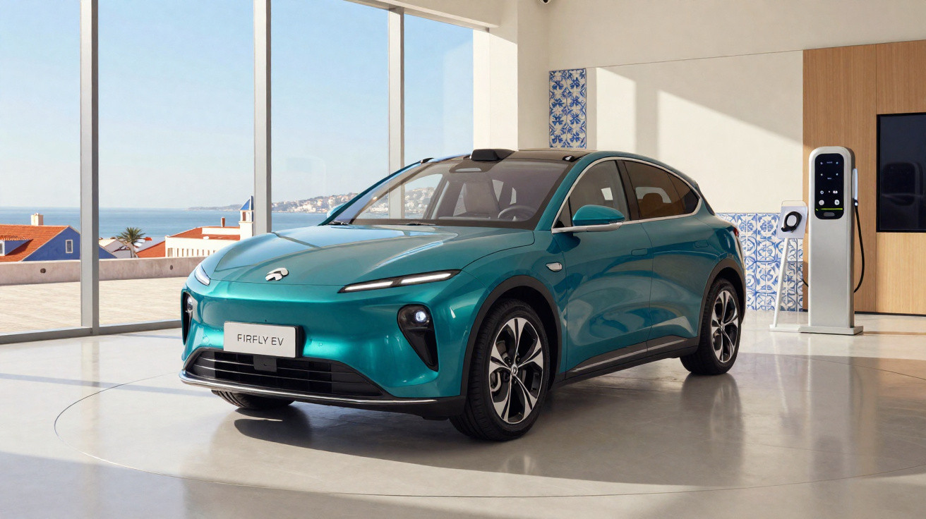 Carro elétrico azul estacionado em garagem moderna com janela grande e estação de carregamento.