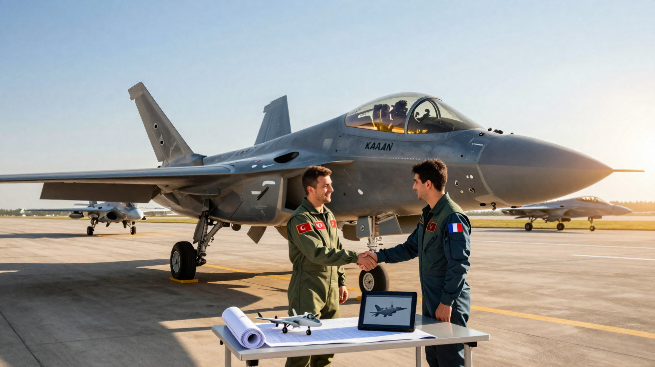 Dois pilotos militares a apertar as mãos em frente a um caça estacionado numa pista de aeroporto.