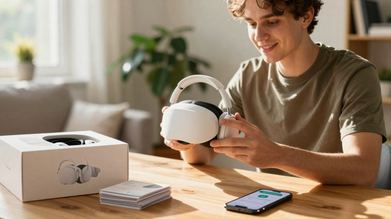 Jovem sentado à mesa a manusear um headset VR branco, com smartphone e caixa do dispositivo à frente.