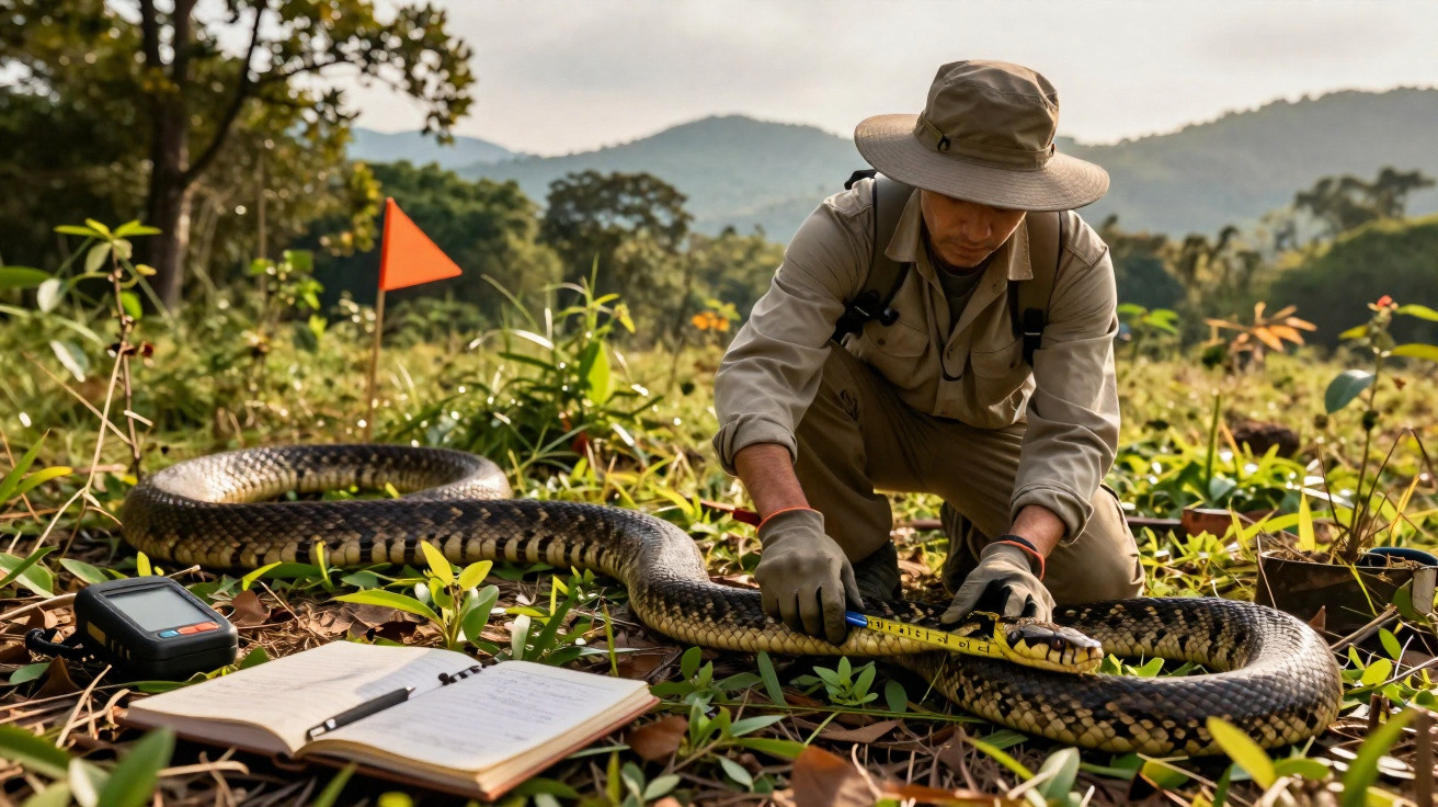 Homem em campo mede a cobra com uma fita métrica, ao lado de um caderno aberto e um aparelho eletrónico.