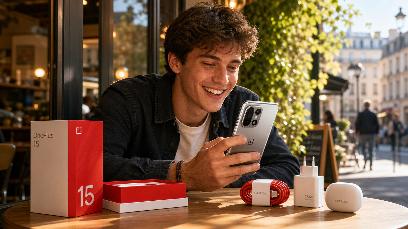 Jovem sorridente usa smartphone OnePlus 15 num café, com caixa e acessórios sobre a mesa iluminada pelo sol.
