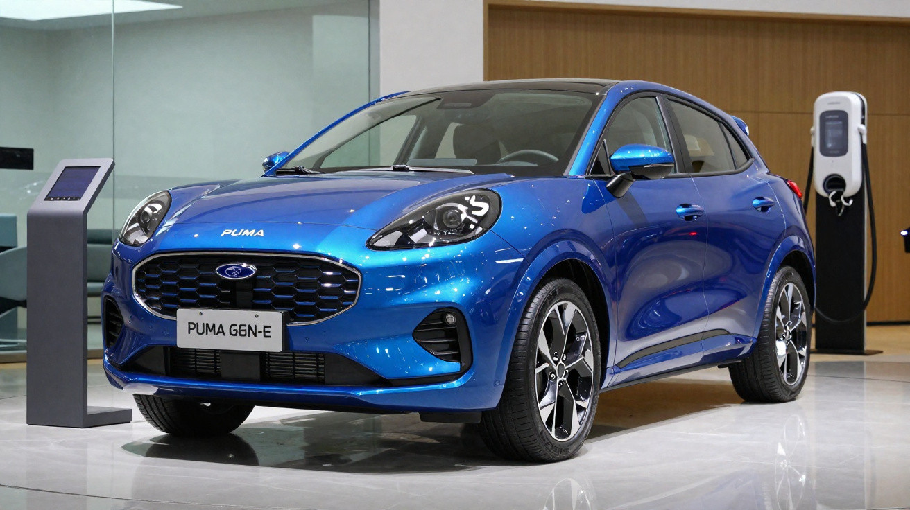 Carro elétrico azul Ford Puma GGN-E numa exposição, junto a postos de carregamento.
