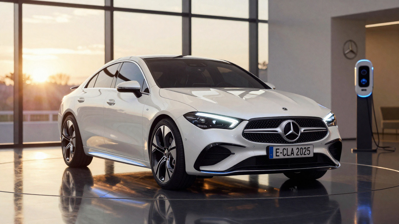 Carro elétrico Mercedes-Benz branco estacionado em chão refletor com luzes dianteiras acesas.