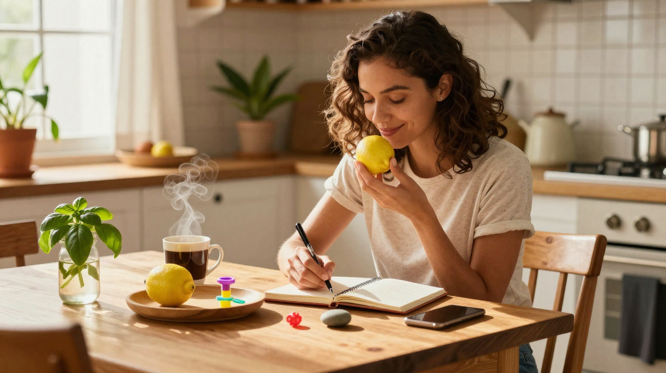 Mulher sorridente a cheirar um limão enquanto escreve num caderno numa cozinha iluminada e acolhedora.