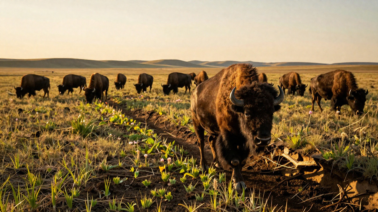 Manada de bisontes a pastar numa planície com vegetação baixa ao pôr do sol.