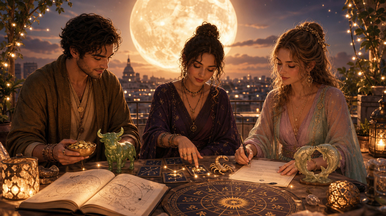Três jovens astrológos a estudar signos e mapas celestes numa mesa com decoração mística ao luar.