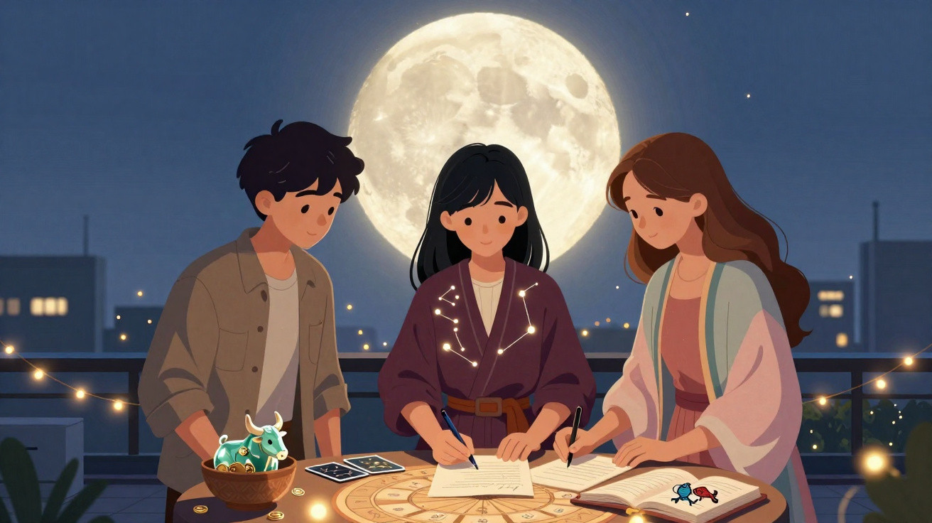 Três pessoas a escrever em cartas sob a lua cheia, numa varanda com decorações de signos astrológicos.