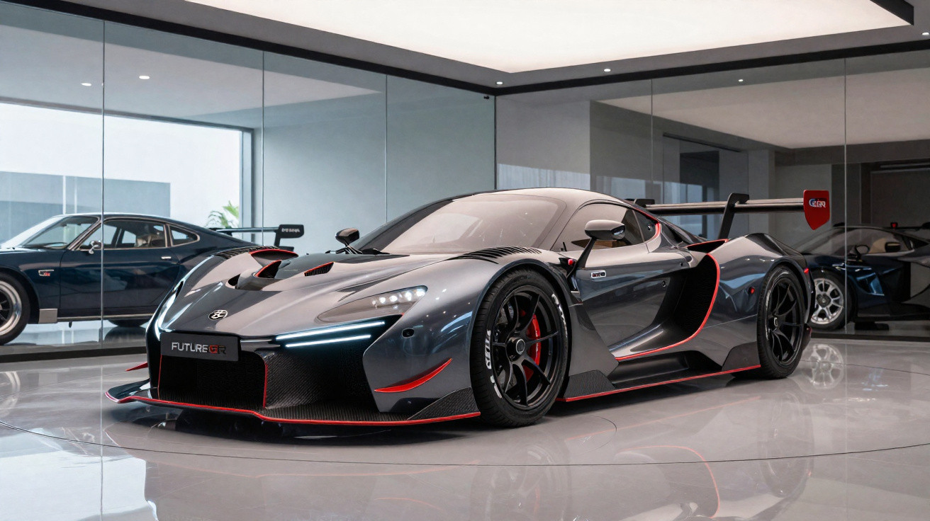 Carro desportivo cinza escuro com detalhes vermelhos num showroom moderno e luminoso com paredes em vidro.