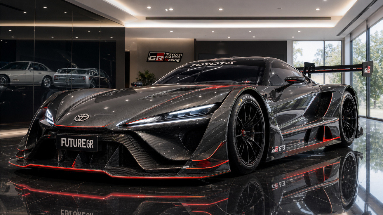 Carro desportivo Toyota Future GR GT3 cinzento com detalhes a vermelho numa exposição interior moderna.