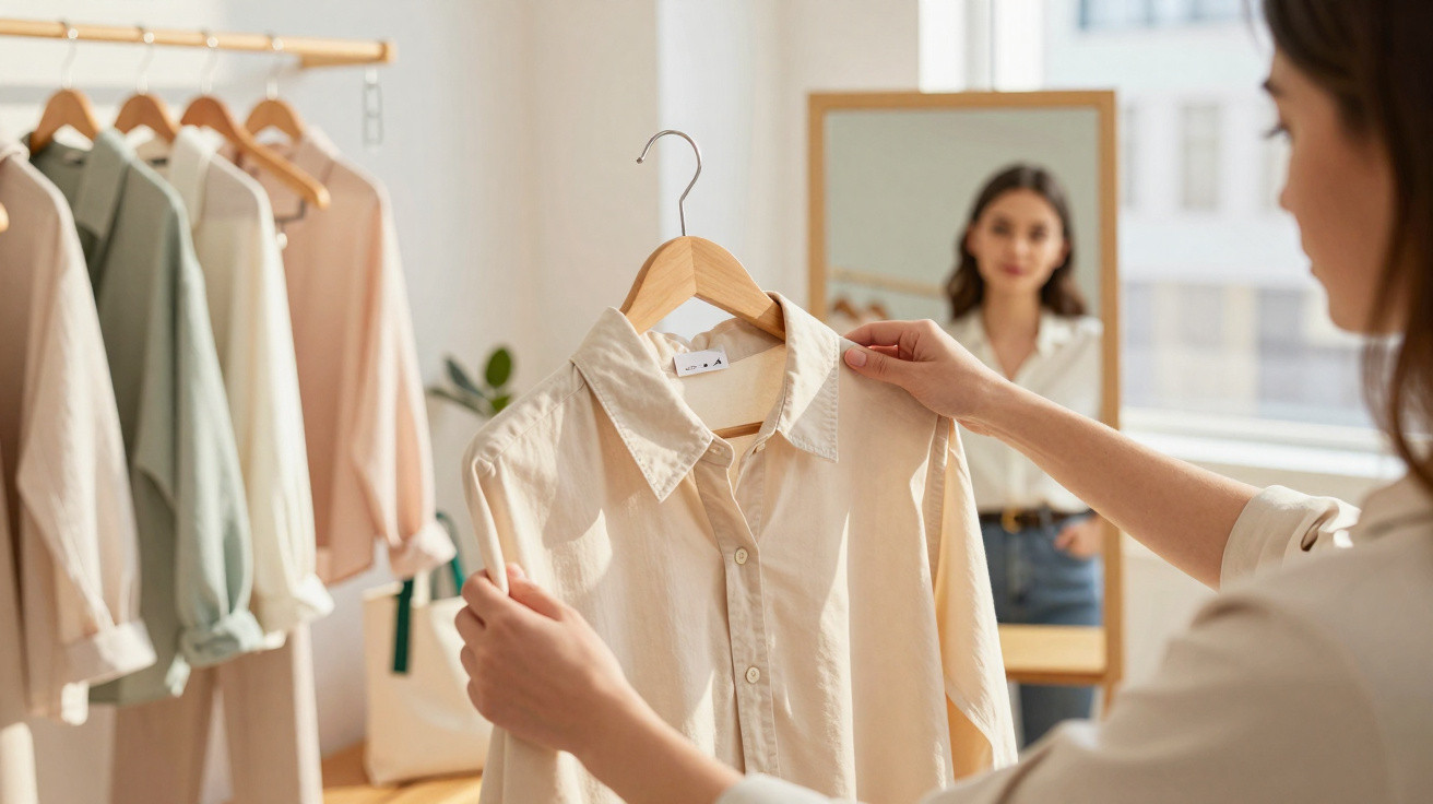 Mulher segura camisa bege num cabide, com outras roupas penduradas e espelho ao fundo.
