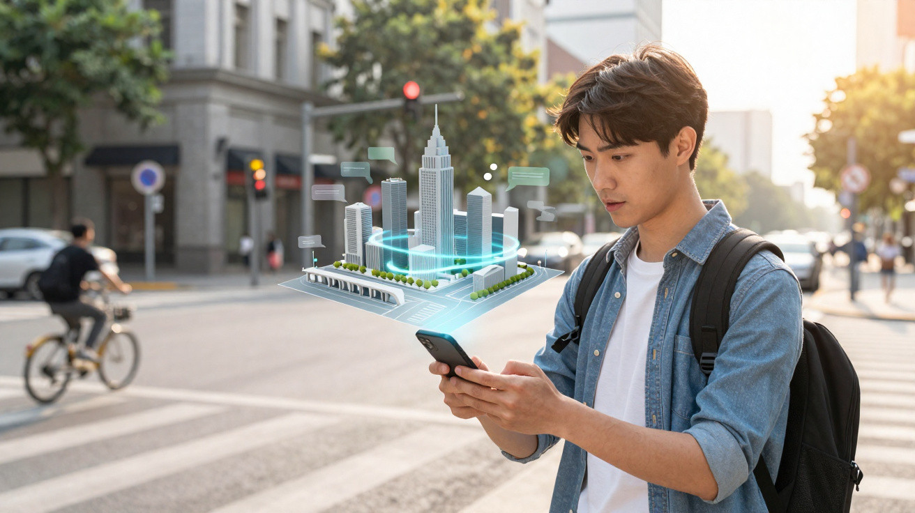 Jovem a usar telemóvel com realidade aumentada de cidade virtual sobreposta numa rua movimentada.