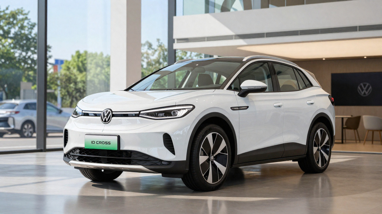 Carro elétrico Volkswagen ID. Cross branco exibido numa sala de exposição moderna com grandes janelas.