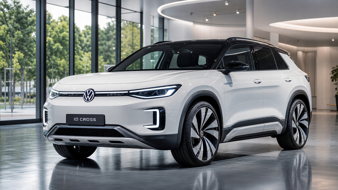 Volkswagen ID. Cross branco estacionado num interior moderno com janelas grandes e árvores visíveis.