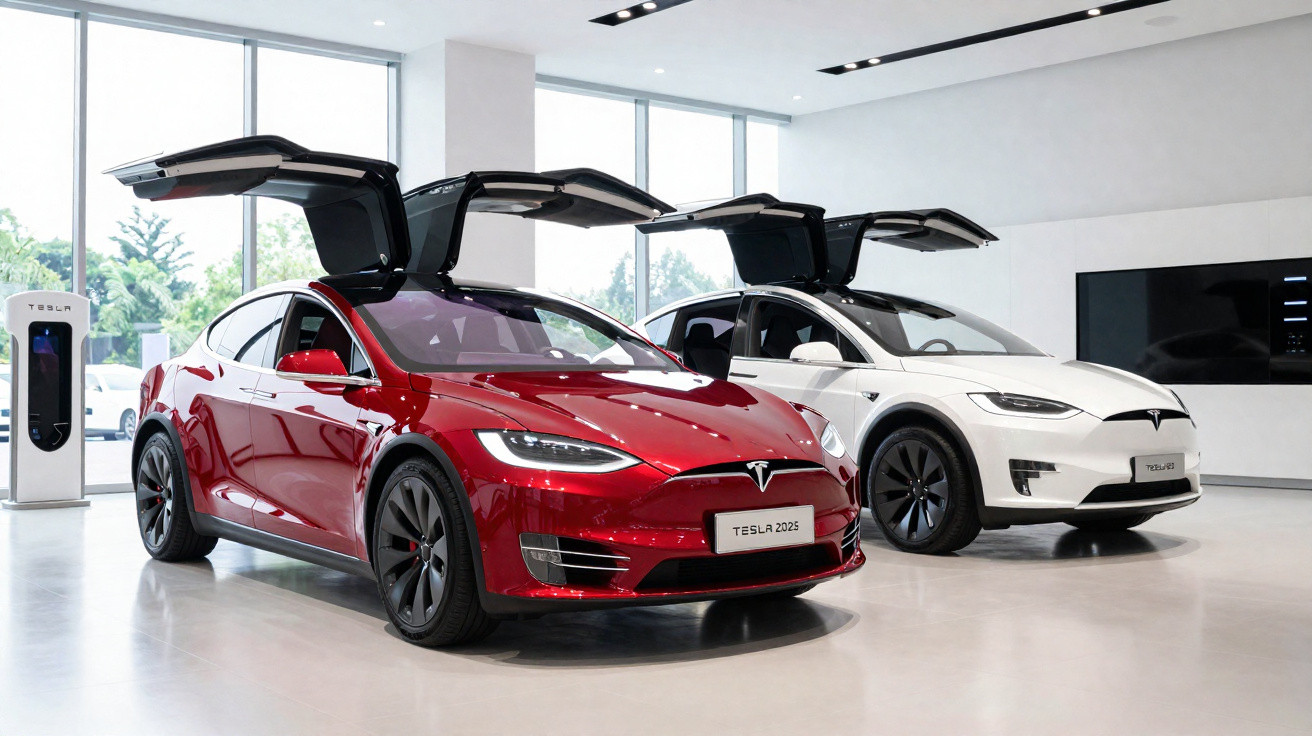 Dois carros Tesla eléctricos com portas em asa de gaivota num showroom moderno e luminoso.