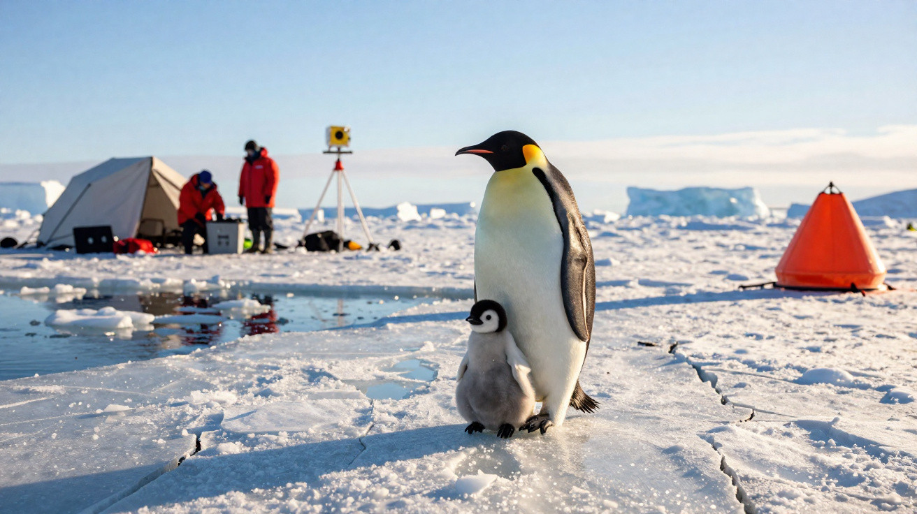 Pinguim-imperador adulto com filhote na neve, com duas pessoas e equipamento científico ao fundo, na Antártida.