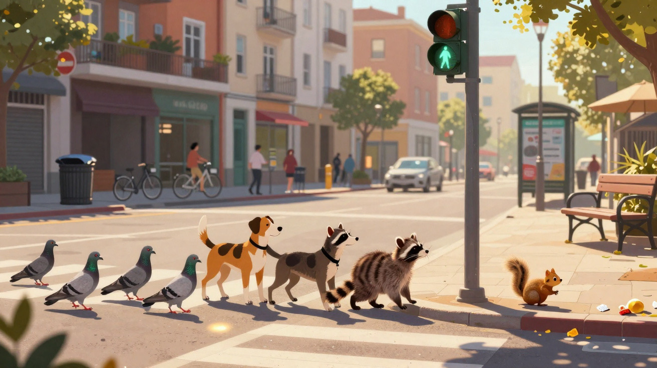 Pombos, cães, um guaxinim e um esquilo a atravessar uma passadeira numa rua de cidade com sinal verde pedonal.