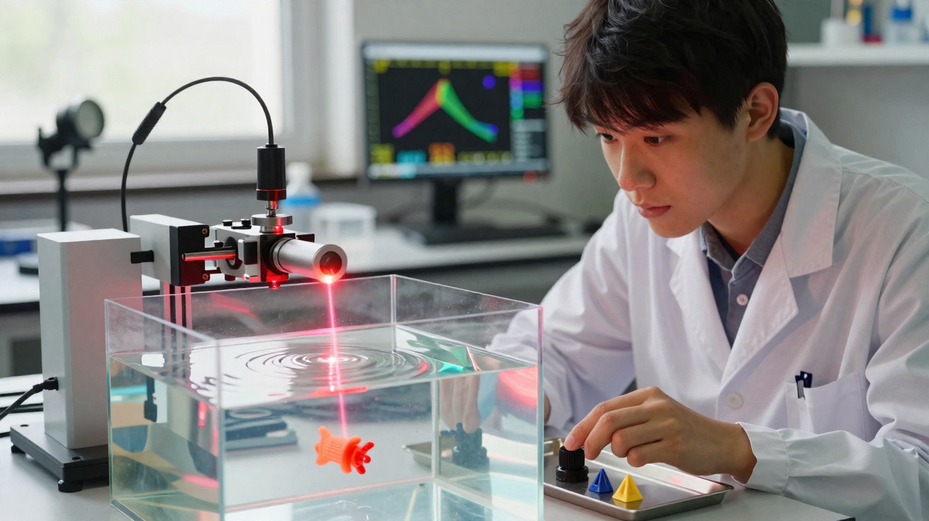 Investigador a usar laser para estudo de ondas em tanque de água num laboratório moderno.