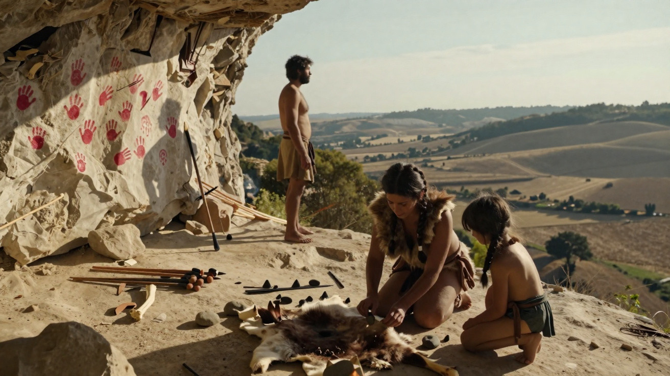 Grupo pré-histórico com marcas de mãos vermelhas na caverna, ferramentas de pedra e roupa de peles.
