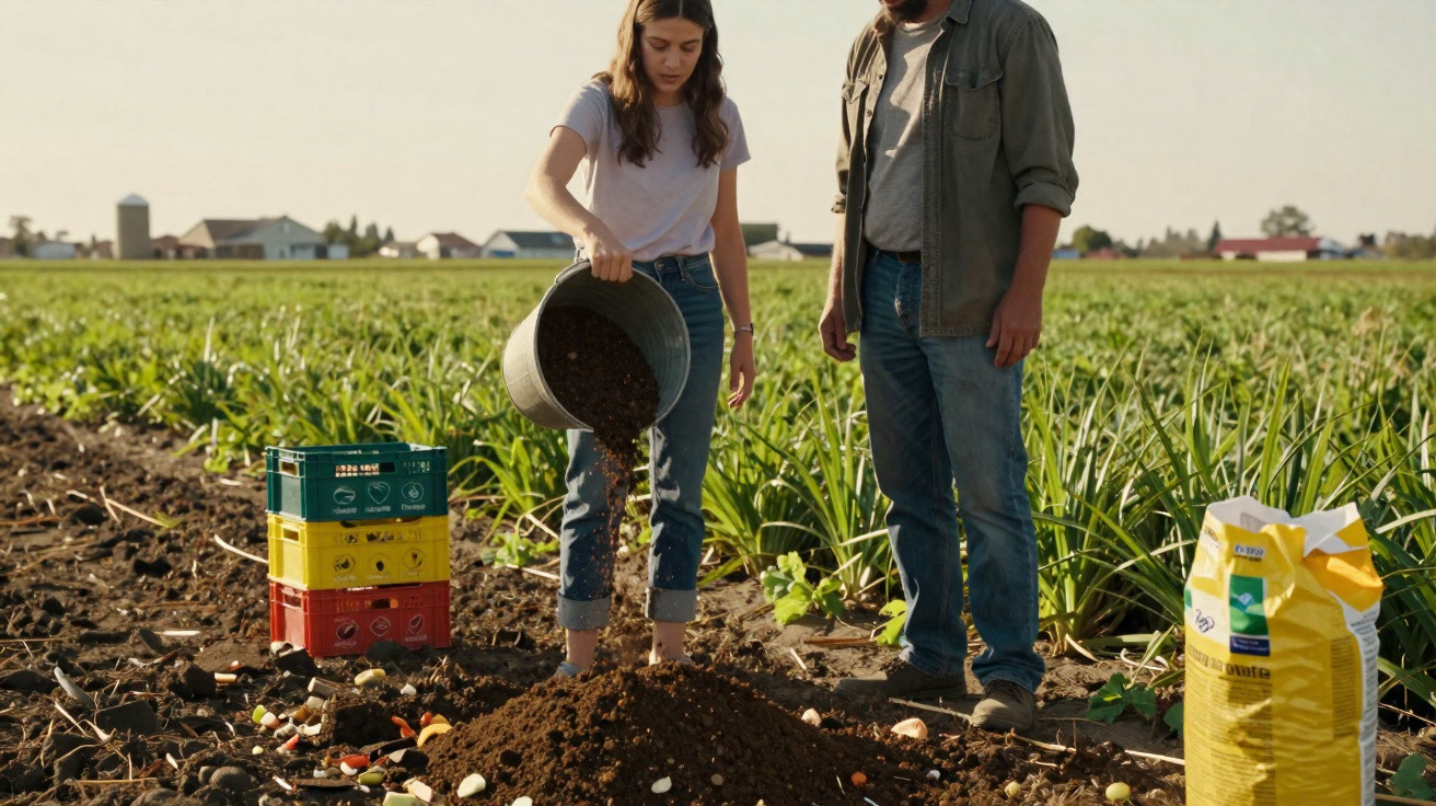 Mulher a deitar composto no solo num campo, homem observa, caixas coloridas e saco de fertilizante ao lado.