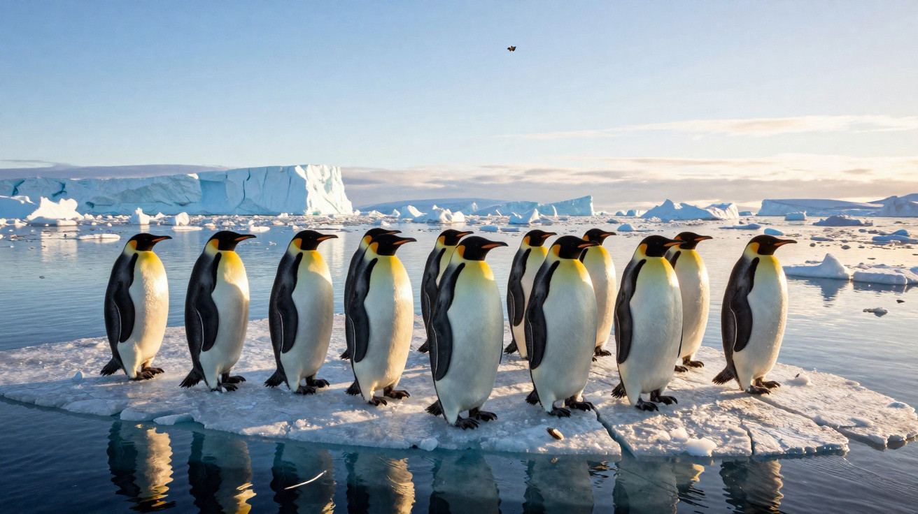 Grupo de pinguins imperadores em bloco de gelo na Antártida com icebergues e mar ao fundo.