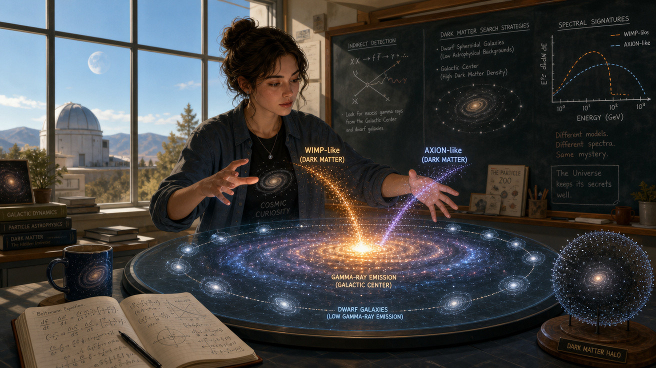 Mulher interage com modelo holográfico da galáxia e matéria escura numa sala de estudo com quadro e livros.