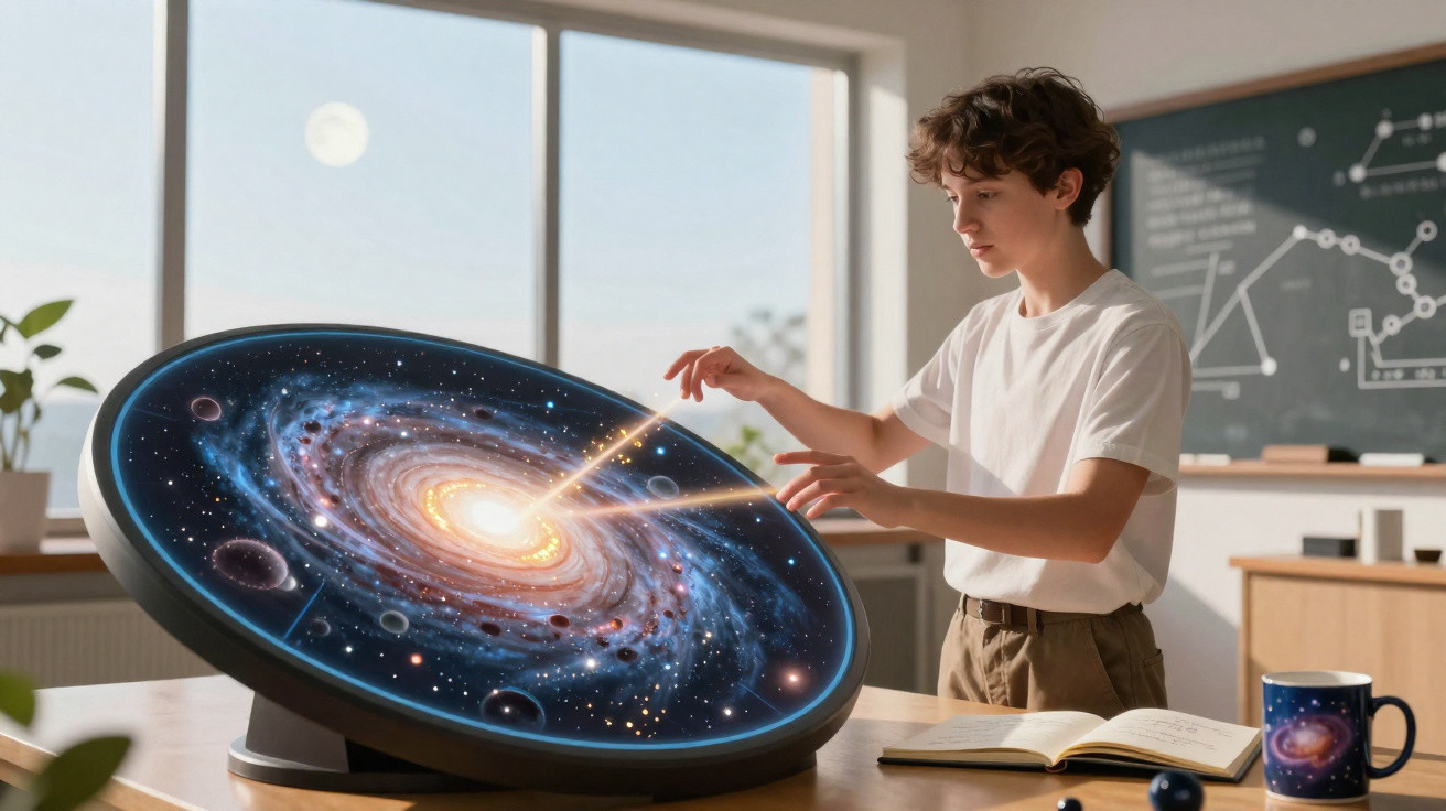 Jovem manipula holograma de galáxia numa mesa, em sala de aula com quadro e livros.