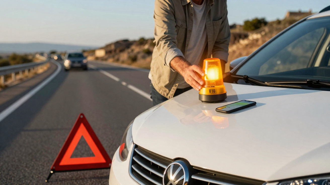Pessoa a colocar sinal luminoso de alerta no capot de carro branco parado em estrada com triângulo de emergência vermelho.